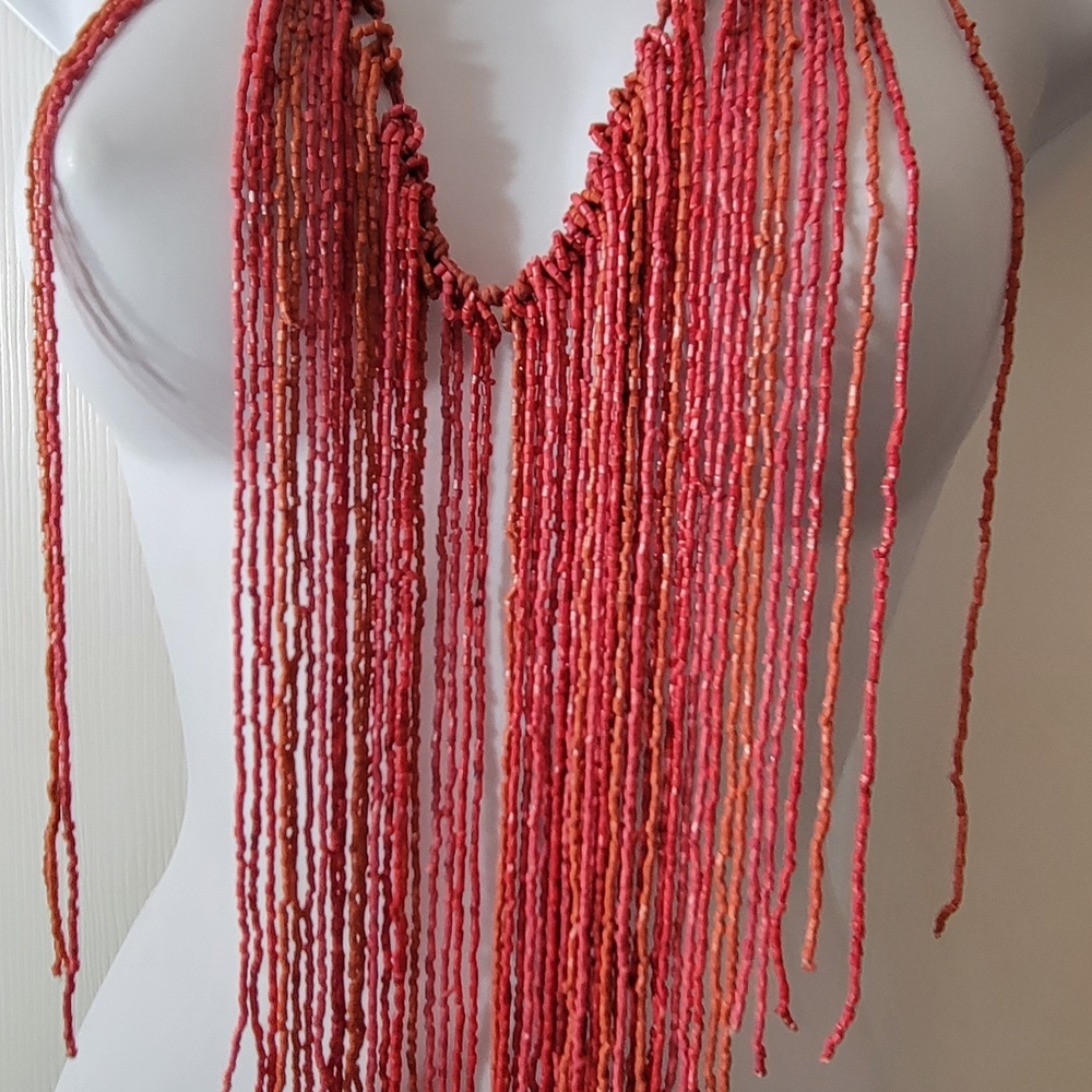 Red Beaded Fringe Necklace